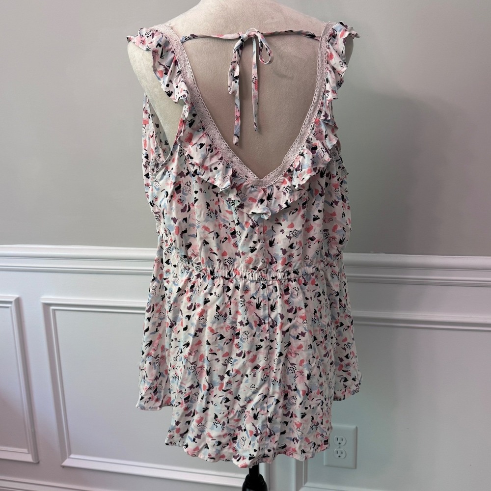 Abstract Print Y2K Ruffle Lace Trim Babydoll Empire Waist Top Pink 2 - Picture 7 of 14
